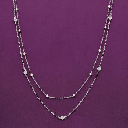 Sterling Silver Beads Double Layered Chain Necklace-White Stone / Silver