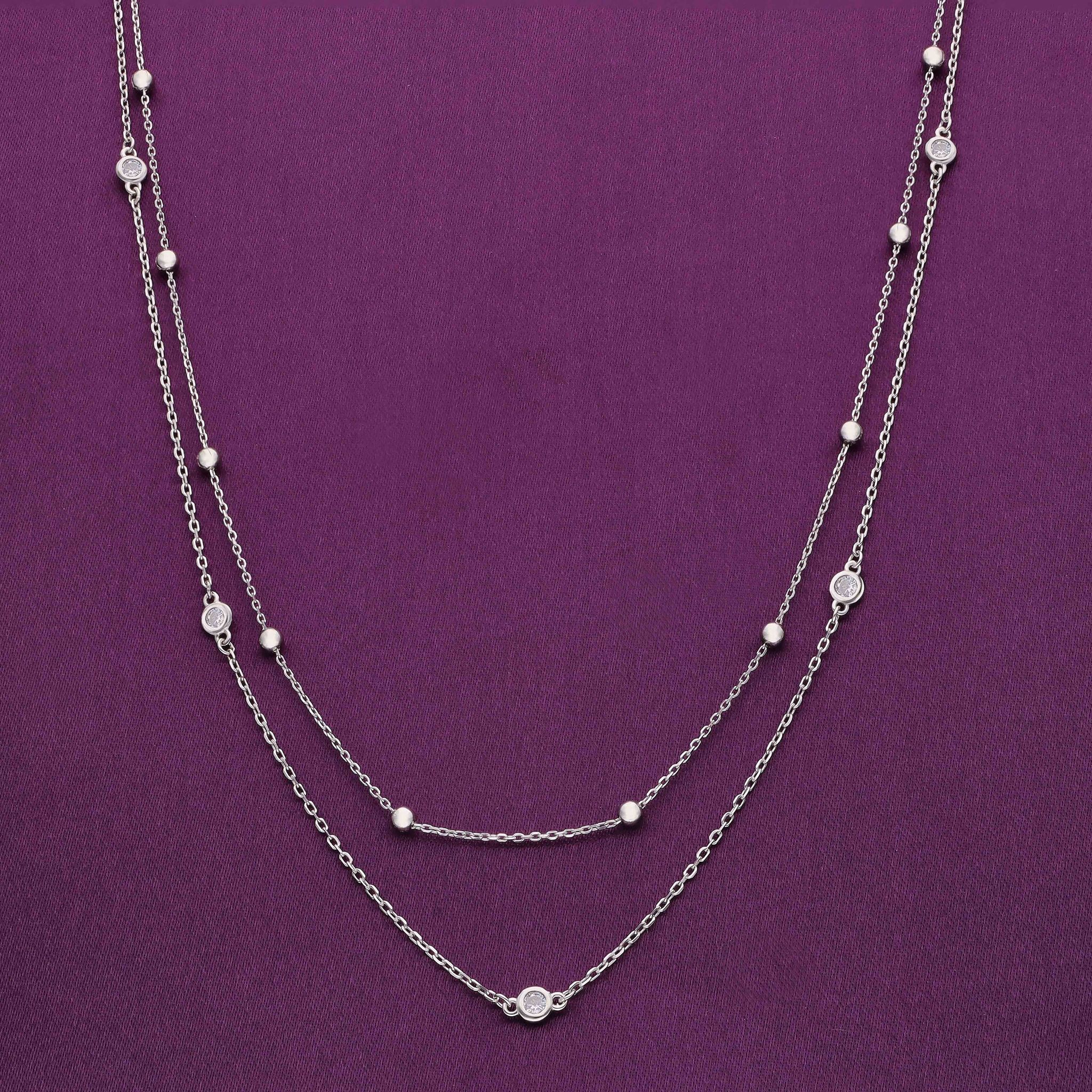 Sterling Silver Beads Double Layered Chain Necklace-White Stone / Silver