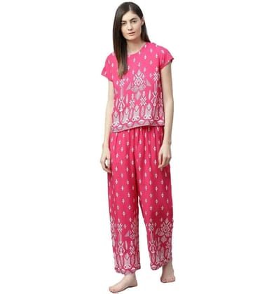 Women's Casual Short Sleeve Printed Rayon Pajama Set (Pink, M)-PID48571