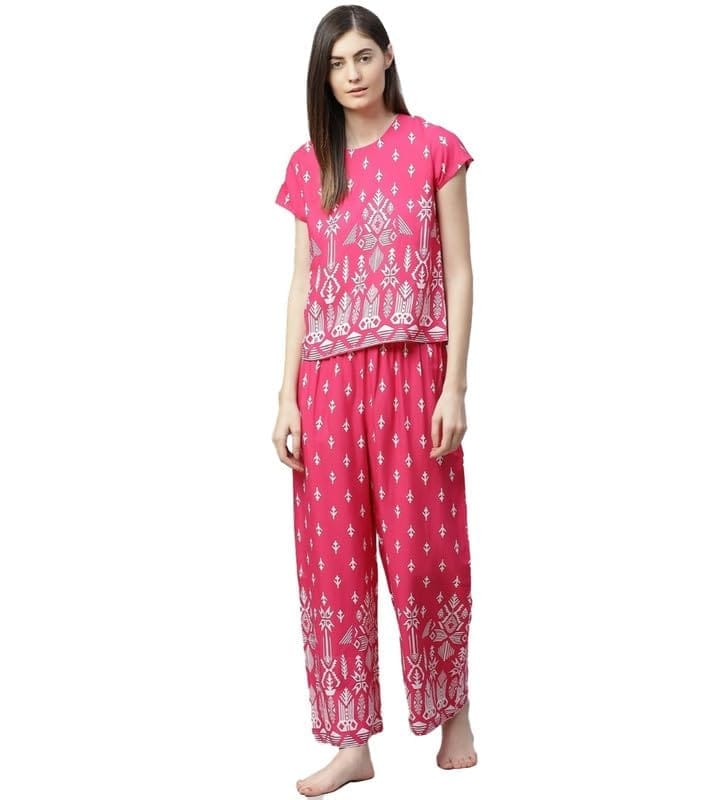Women's Casual Short Sleeve Printed Rayon Pajama Set (Pink, M)-PID48571