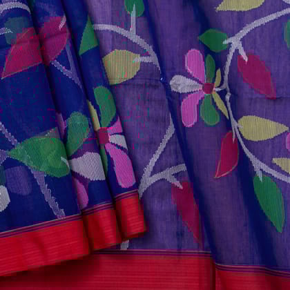 Indigo And Red Dhakai Jamdhani Muslin Silk Saree With Tissue Zari For Office Wear PV MJ 99