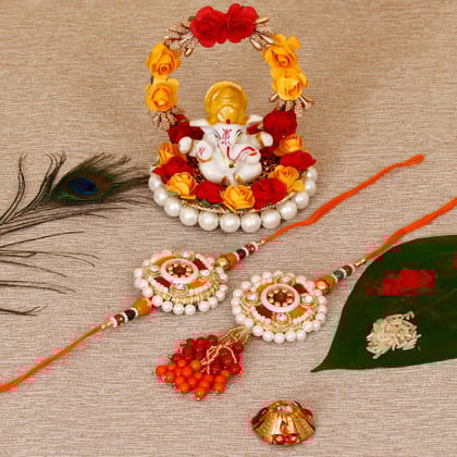 Designer Bhaiya Bhabhi Rakhi with Lord Ganesha Idol on Decorative Plate for Car & Home and Roli Tikka Matki