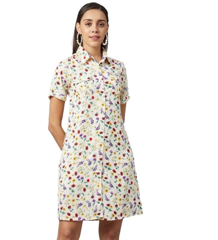 Women's Polyester Floral Short Sleeve Above Knee Dress (Multicolor, S)-PID55814