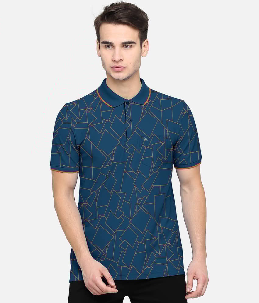 BULLMER Pack of 1 Cotton Blend Regular Fit Printed Half Sleeves Men's Polo T Shirt ( Blue )