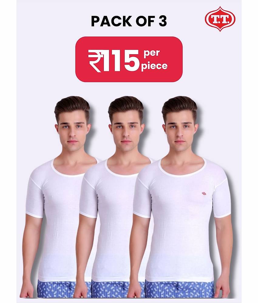 TT Pack of 3 Cotton Half Sleeve Vest For Men ( White )