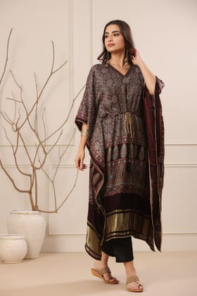 Aafrah Takwa Ajrakh Modal Silk Kaftan-Free Size / Black / Black