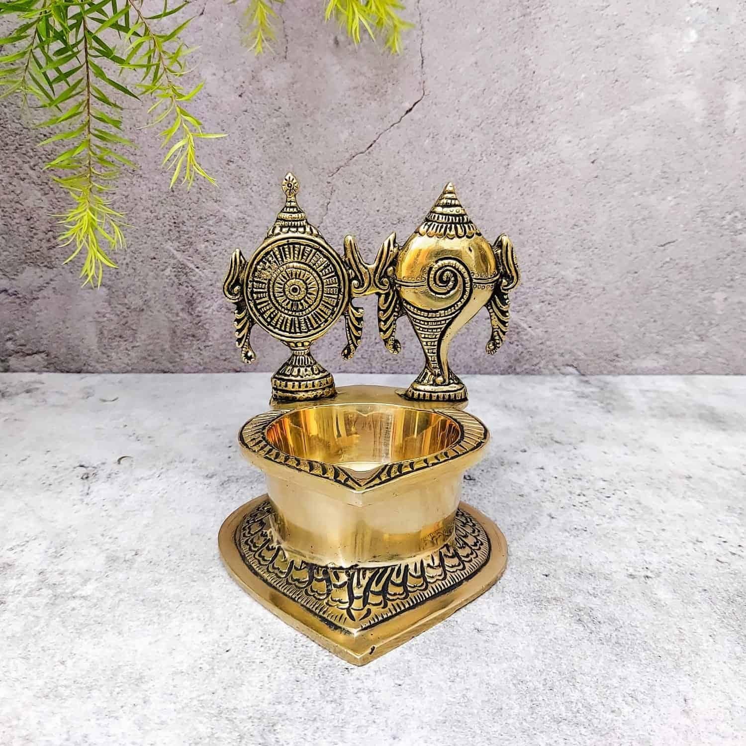 Brass Shankh Chakra Diya - 5.5 inch Height | Auspicious Brass Shankh Chakra Diya for Pooja - Shop Now