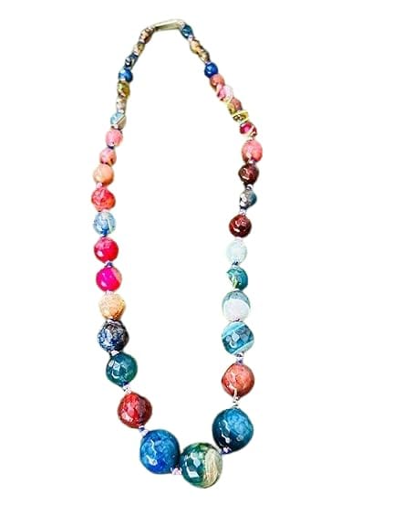 TULIP Traditional Artisians' Upliftment Livelihood Program Handcrafted Multicolor Agate Beaded Necklace, Blue and Pink Gemstone Statement Jewelry, Graduated Round Beads