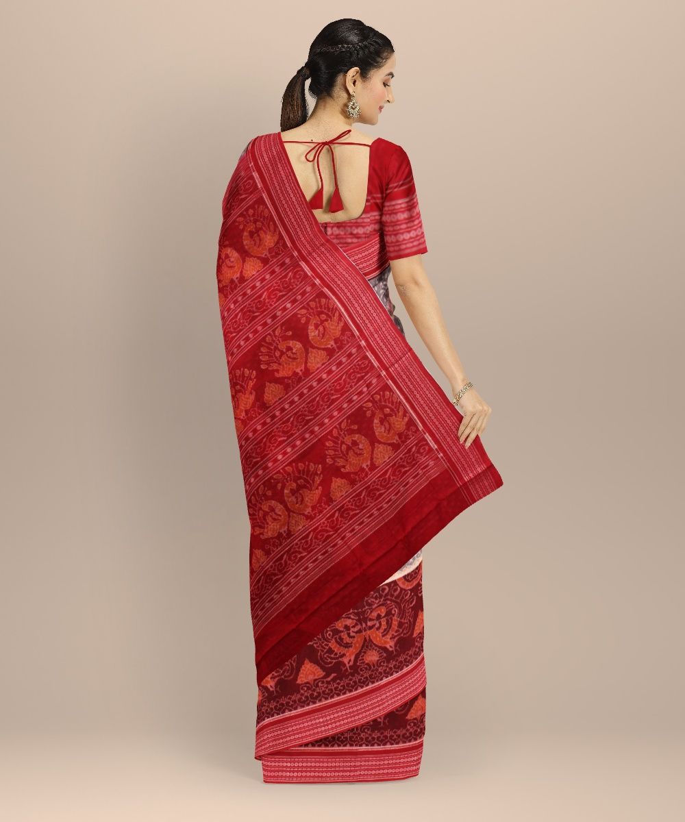 Grey Red Cotton Handloom Sambalpuri Saree