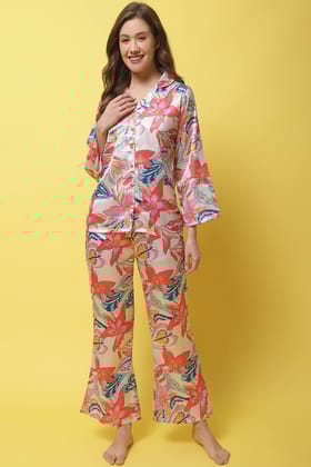 Multi Color Floral Printed Silk Satin Nightsuit For Women-s