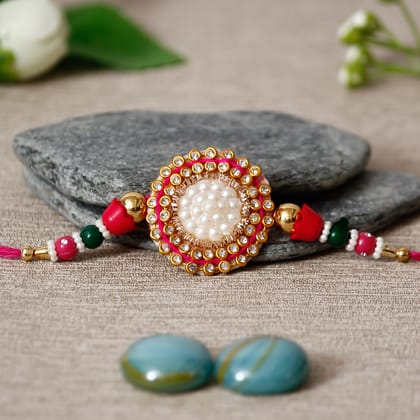Designer Pearl Rakhi and Roli Chawal Pack, Best Wishes Greeting Card