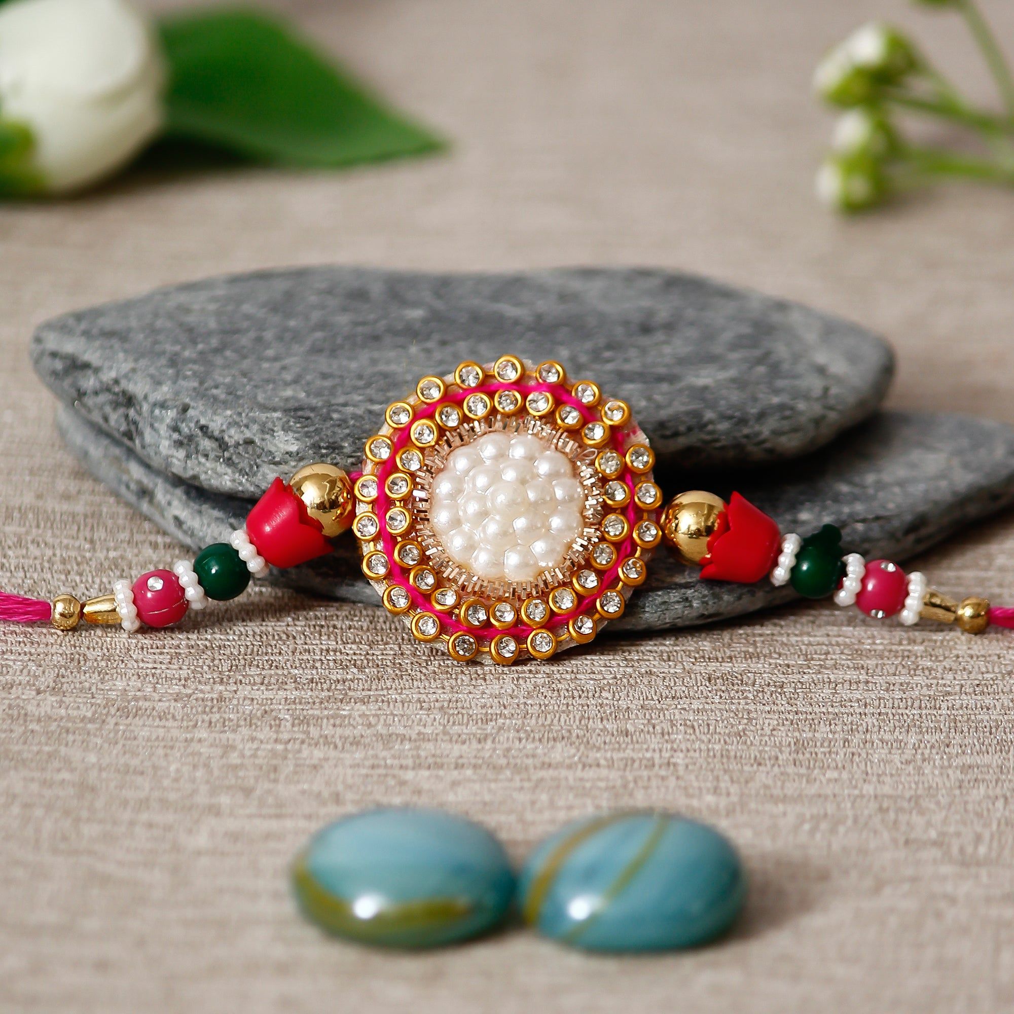 Designer Pearl Rakhi and Roli Chawal Pack, Best Wishes Greeting Card