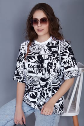 Comic All Over Printed Green Anime Oversized T shirts for Women-White / S