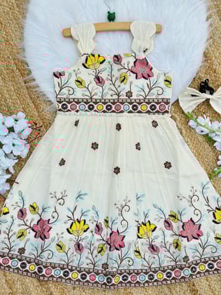 Admirable Embroidery Work on Khadi Cotton Fabric Kids Frock-White / 0-3 Month