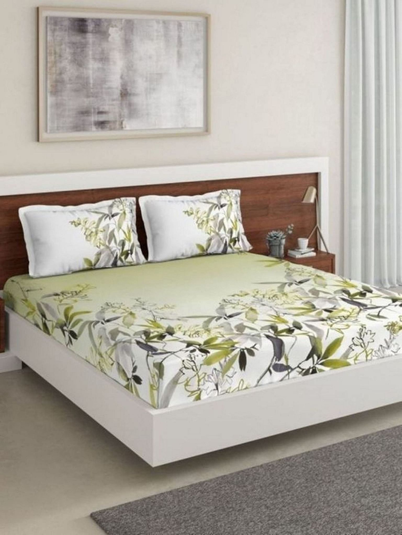 DDECOR - Primary Collection 100% Cotton Leaves Pattern 136TC King Bedsheet |229 CM X 274 CM| with 2 Pillow Covers - Green
