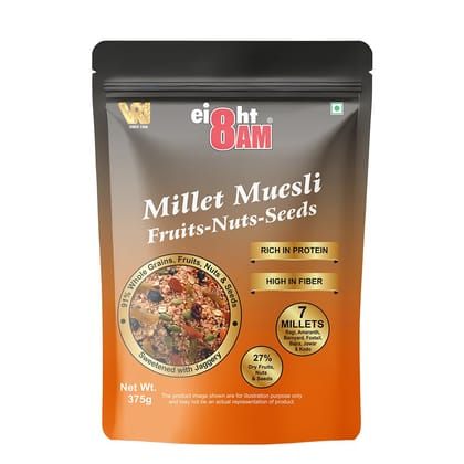 8AM Millet Muesli Fruit-Nuts-Seeds, 375g | 7 Millets, 91% Whole Grains, Dry Fruits, Nuts & Seeds, Breakfast Cereal, Rich Source of Protein & High in Fibre