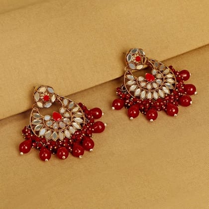Gold-Plated Circular Mirror and Kundan Red Pearl drops Chandbali Earrings