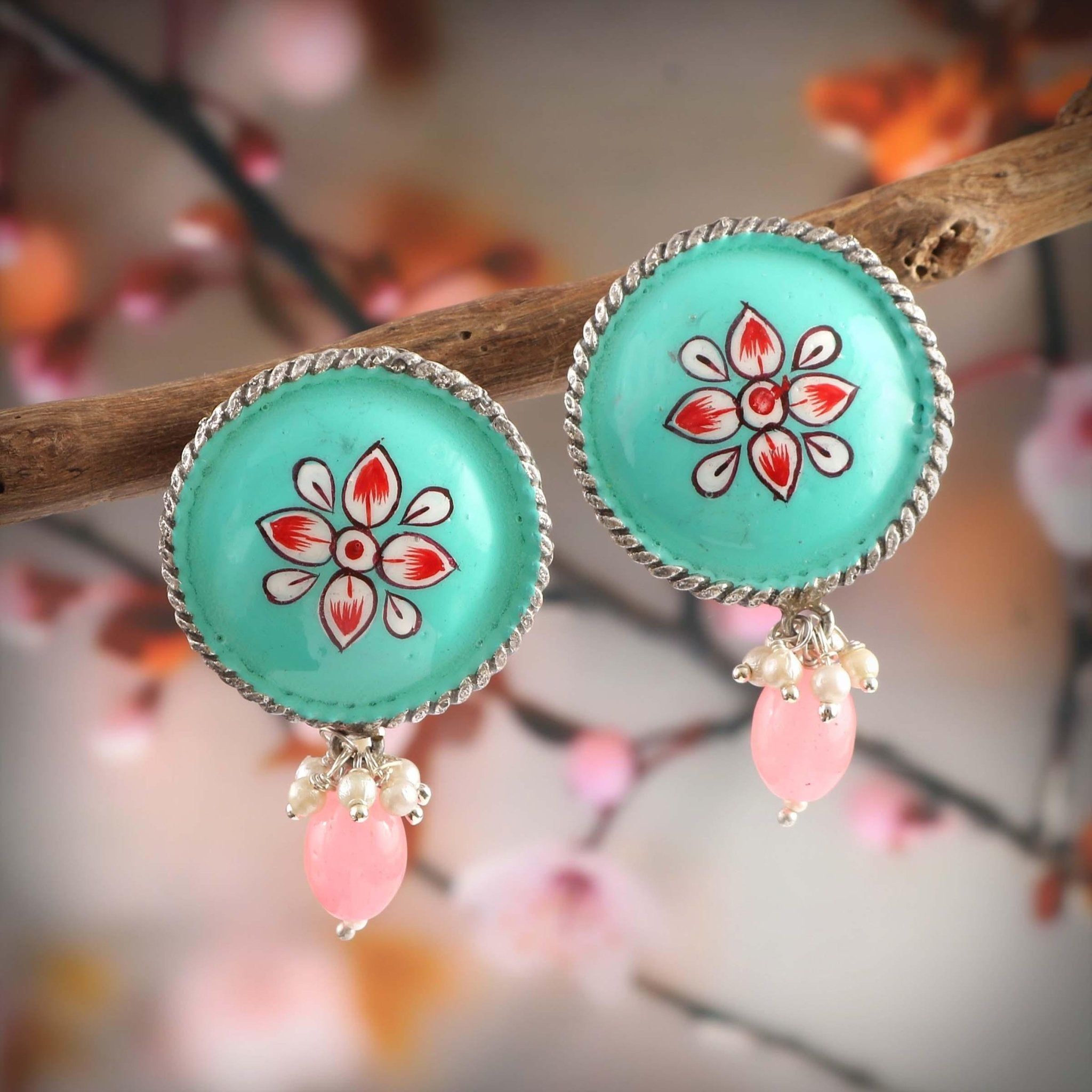Brass Hand-Painted Oxidised Earrings Studs | Sarichka-Sky