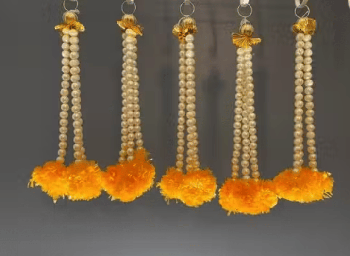 Decorated Pearl Hanging with Marigold Flower on The Bottom Wall Decoration/Backdrop/Set of 10 pc / 12 inches Each in Size (Yellow)