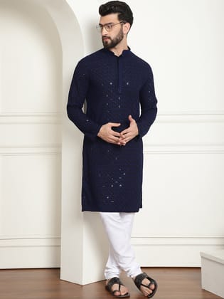 Men's Cotton Gold Embroidered Sequinned Navy Kurta With white churidar Pyjama-36