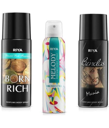 Riya Born Rich & Melody & Bindas Deodorant Spray & Perfume For Unisex 450 ( Pack of 3 )