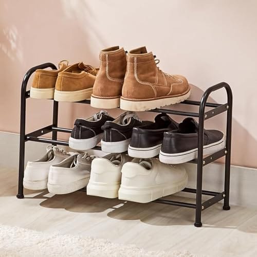 basics-Shoe Rack - Adjustable For Kids/Adult Shoe 3 Layer Black, Carbon Steel