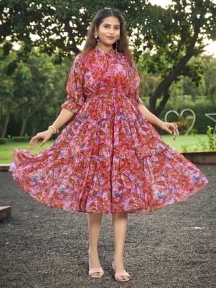 Red Abstract Printed Mandarin Neck Dress-S