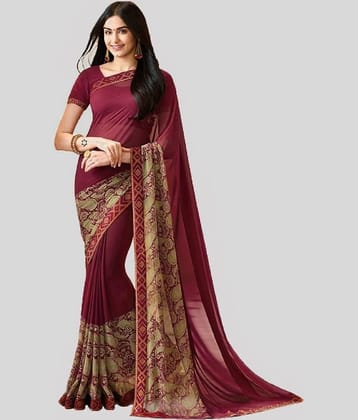 Gazal Fashions Chiffon Printed Saree With Unstitched Blouse Piece ( Maroon )