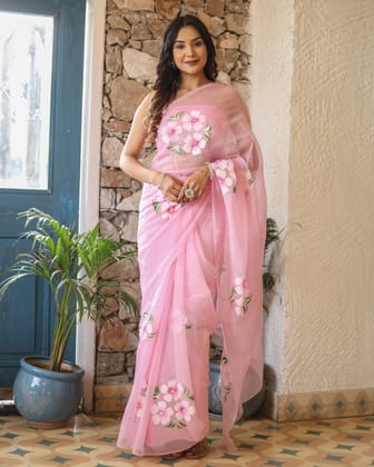 Blush Pink Georgette Saree with Hand-Painted White & Pink Floral Motifs – Attached Blouse – 5.5 Meters-Regular