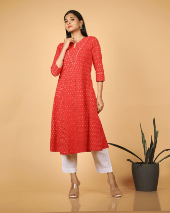 A line Red Ikat Cotton Kurta with Pleated V Yoke-M