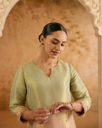 Blush Mint Zari Tissue Kurta with Sharara - Set of 2-XXS / XXS