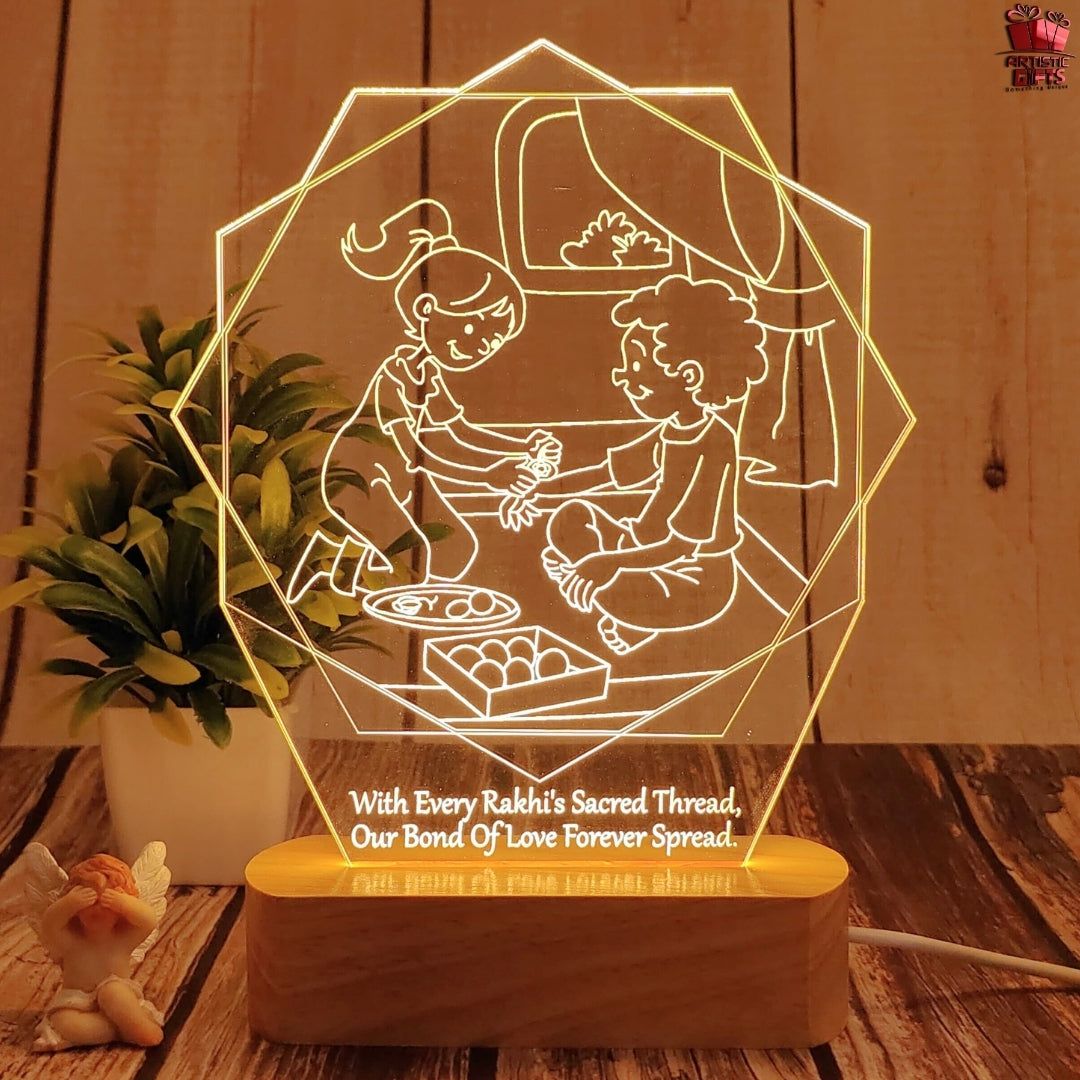 Personalized 3D Illusion LED Rakhi Gift Lamp for Sister| Customized Name Lamp for Rakshabandhan Gift, Rakhi Hamper, Rakhi Unique Return Gifts for Brother. (Rakhi 3)-Warm White