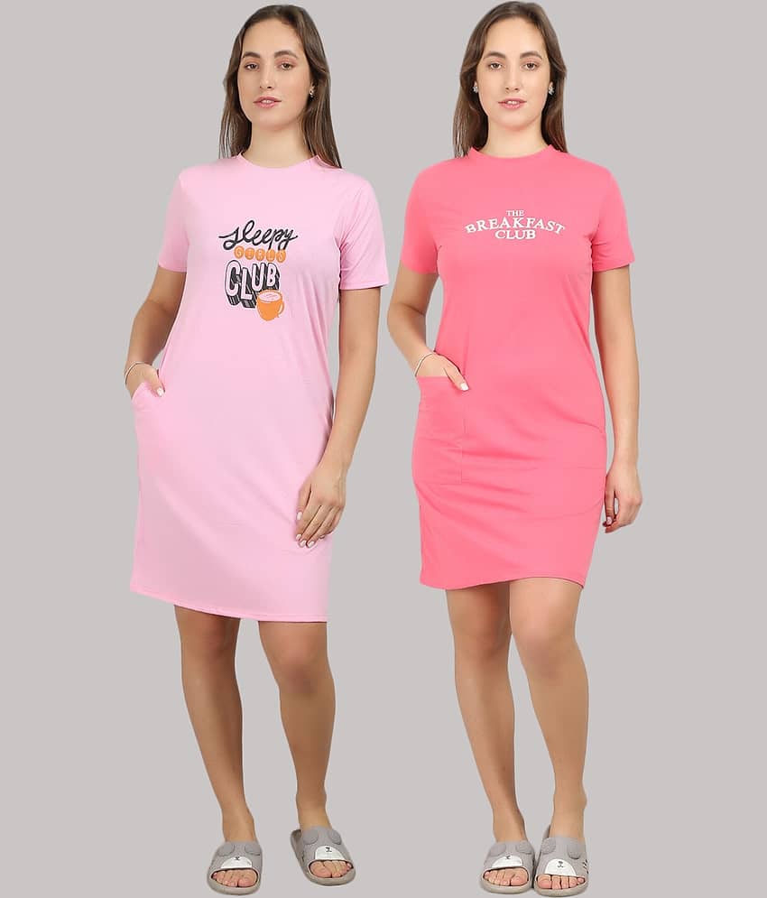 MEGASKA - Multi Color Cotton Women's Nightwear Night T-Shirt ( Pack of 2 )