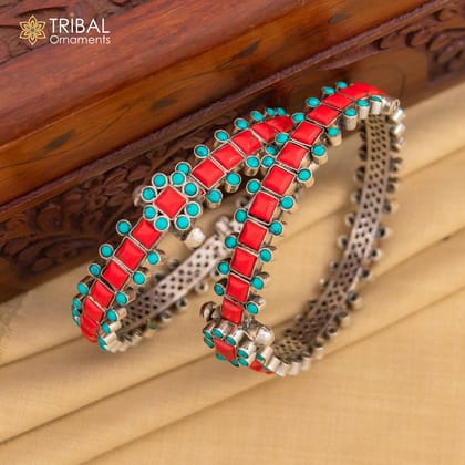 925 sterling silver red coral bangle bracelet with unique closure vintage tribal jewelry nsk815-Pair