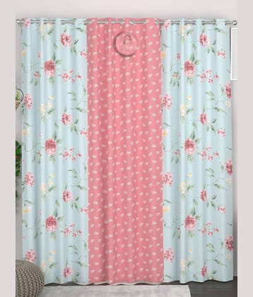 chhavi india Floral Semi-Transparent Eyelet Curtain 7 ft ( Pack of 3 ) - Light Blue