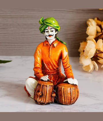 eCraftIndia Orange & Green Handcrafted Rajasthani Man Playing Tabla Polyresin Showpiece