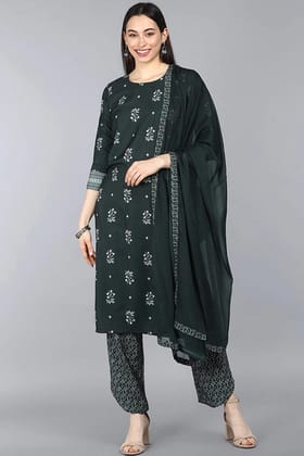 Dark Green Poly Crepe Floral Printed Straight Suit Set PKSKD1094