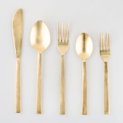 Set of 5 Stainless Steel Cutlery Set with Brass Coating-Dinner Spoon Length: 7.75 inches, Dinner Fork Length:  7.75 inches,  Dinner Knife Length: 8.5 inches, Small Spoon Length: 6.75 inches,S