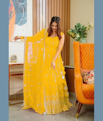 A TO Z CART Yellow Flared Net Women's Semi Stitched Ethnic Gown ( Pack of 1 )