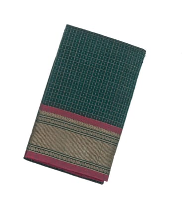 Teal Handloom Kanchi Cotton Saree With Checks & Dots-Teal