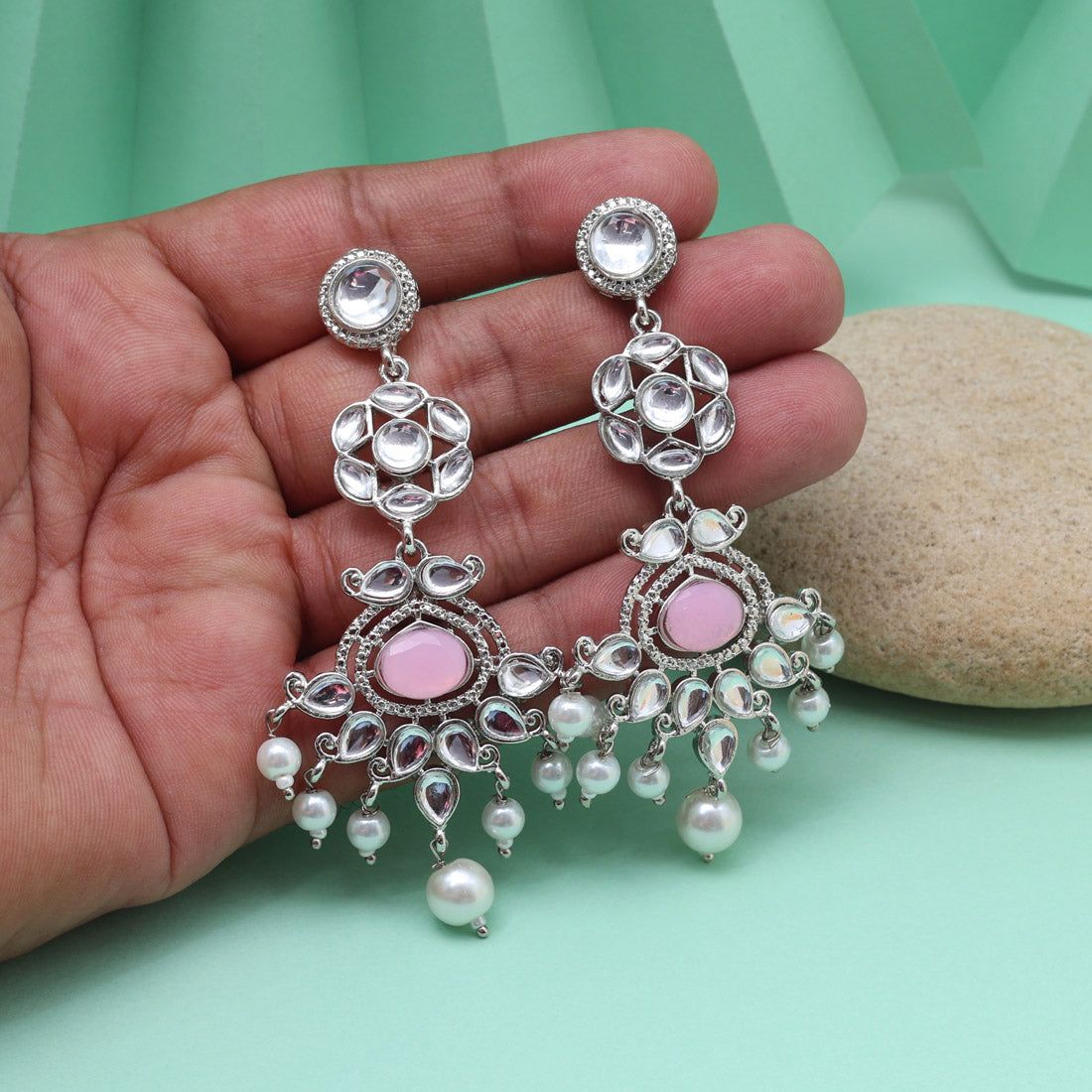 Pink Color Fashion Earrings For Flirty Dates And Soft Fashion Looks-Earring Length: 7.50 CM x Width: 3.50 CM / Pink / Alloy With Good Quality Black Silver Plated