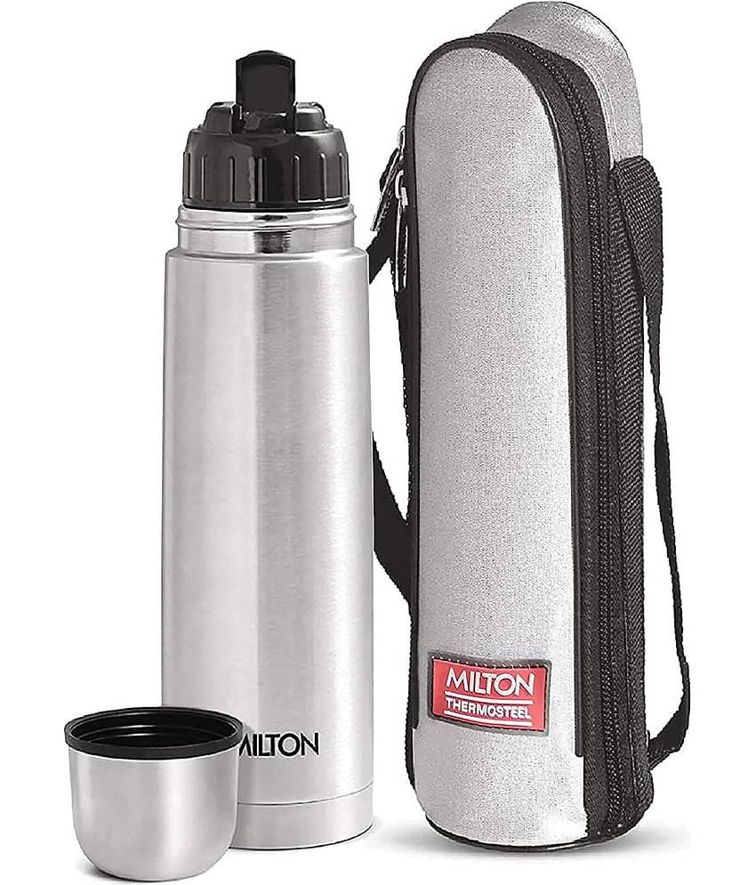 Milton Flip Lid 1000 Thermosteel 24 Hours Hot and Cold Water Bottle with Bag, 1 Litre, Silver