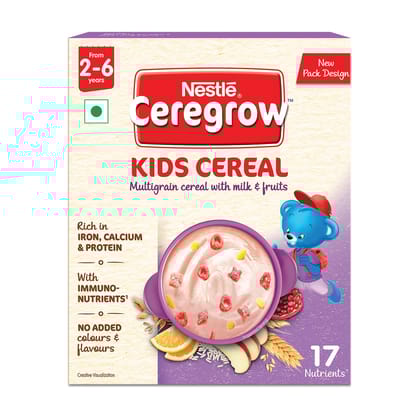 Ceregrow Kids Cereal-Multigrain,Milk &Fruits|Rich in Iron, Calcium & Protein|Nutrient-Rich Tasty Breakfast |NO Added Colors or Flavors|16 Nutrients for Growth |300g