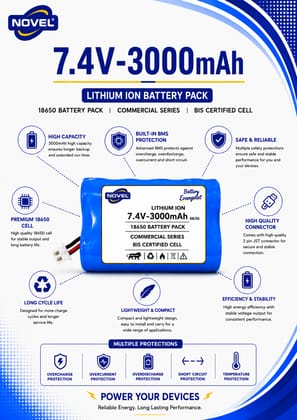 NOVEL 7.4V BMS 18650 LITHIUM ION DUAL BATTERY PACK WITH JST 2PIN- 3000mAh
