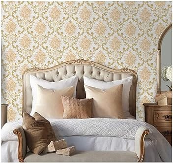 Eurotex Damask Design Wallpaper 17.71 X 118 Self-Adhesive Removable Peel and Stick Decorative Wall Covering (PVC, Size 45cm X 3Mtr, Cream Beige Color)