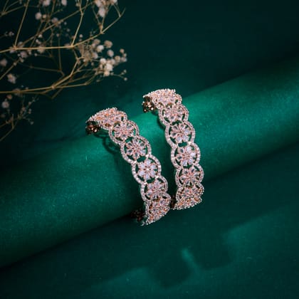 American Diamond Flower Bangles (Pack of 2)-White / Rose Gold / 2.4