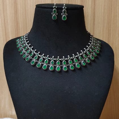 Elegant Silver Finish Party Necklace Set | Sarichka Fashion-Green