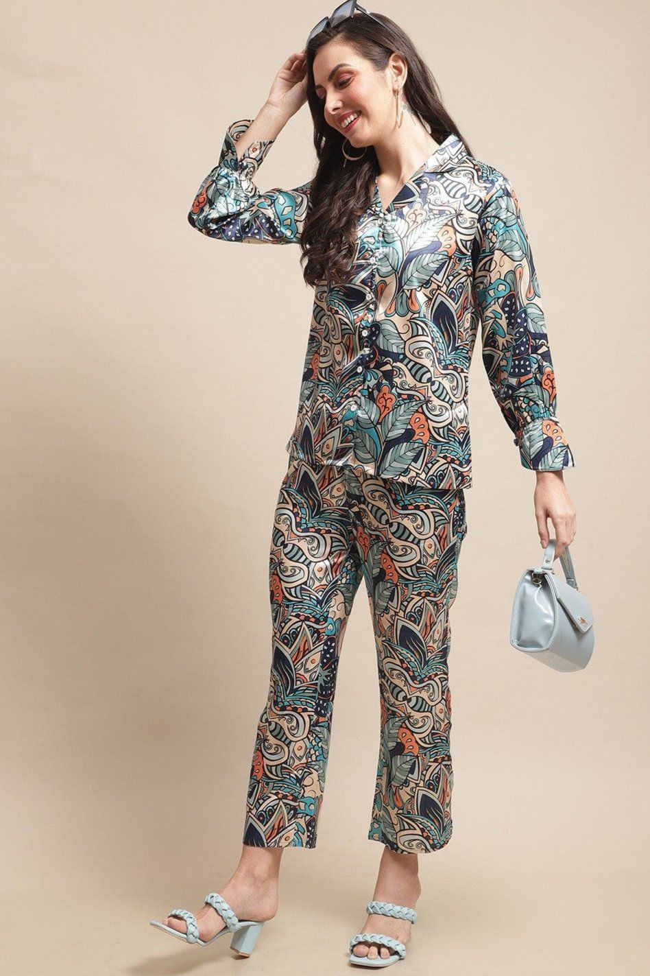 Multi Color Abstract Printed Silk Satin Co-ord-s