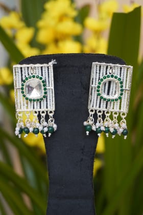 Green colour rectangle shape Pearl work earrings-One Size