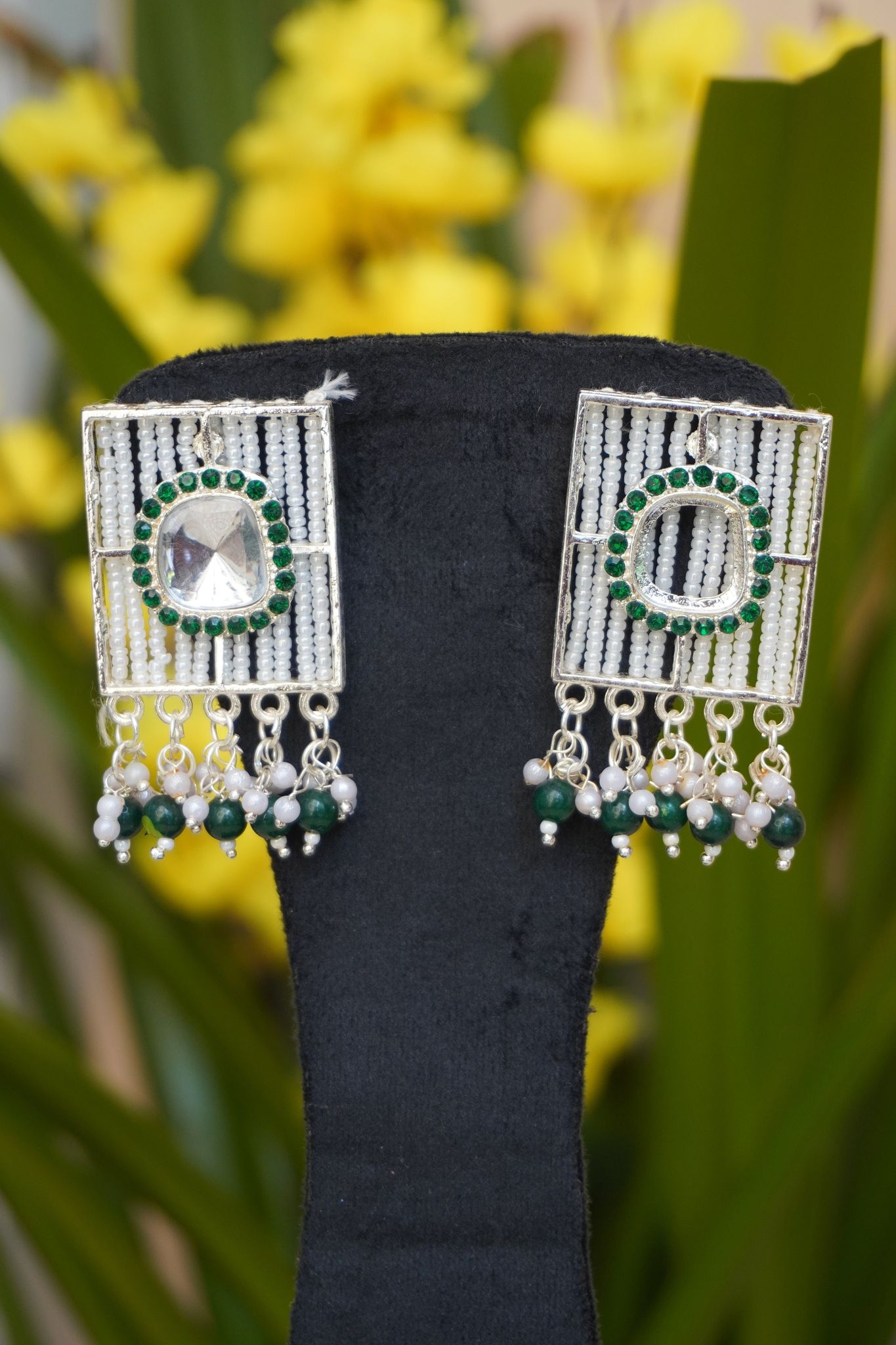 Green colour rectangle shape Pearl work earrings-One Size